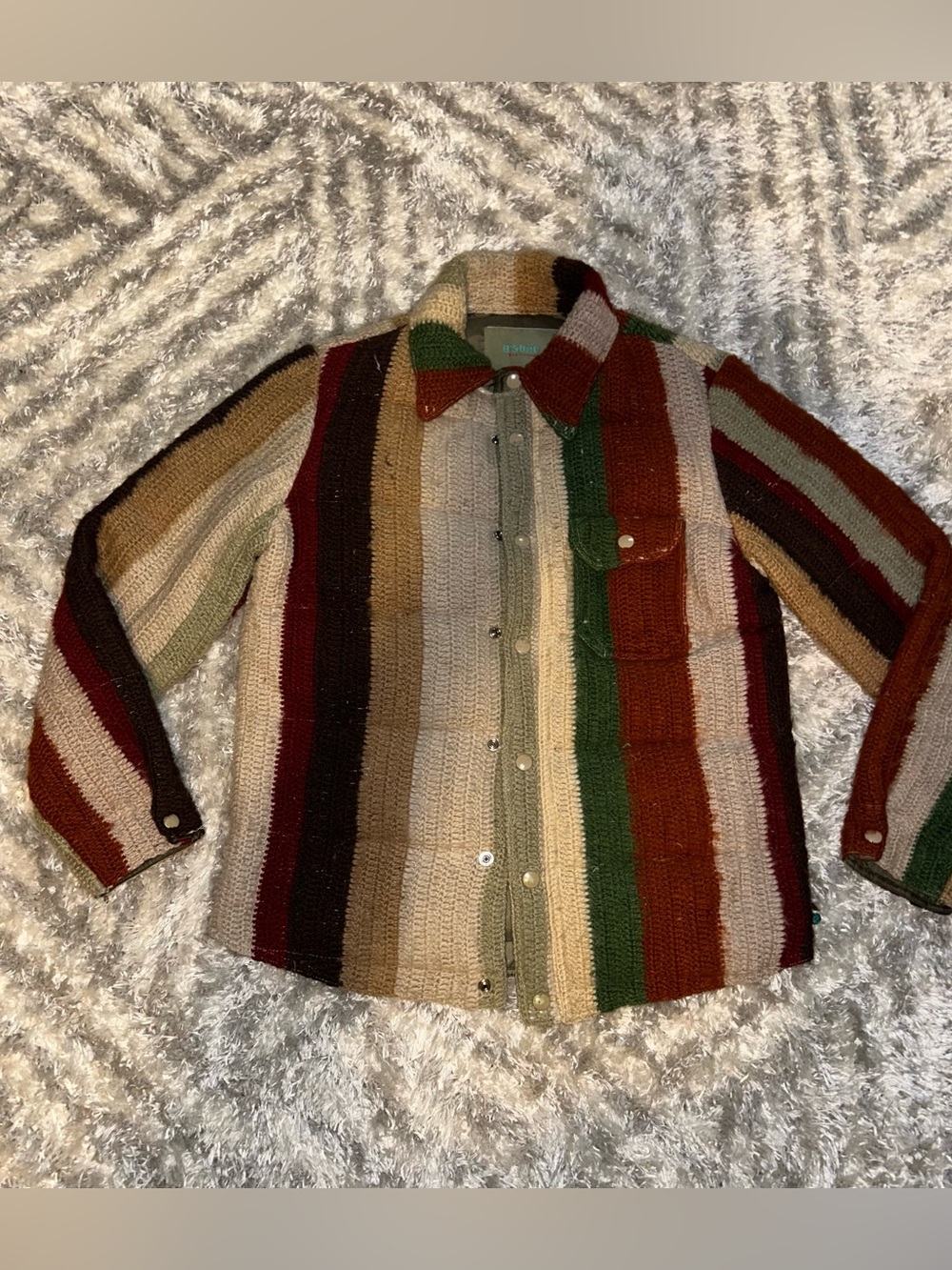 Striped Multi-Color Crochet Button-Up Heavyweight Insulated Jacket Women